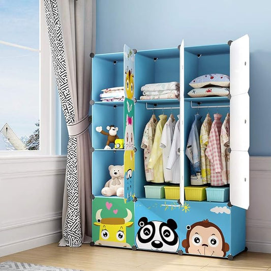 MAGINELS Kids Closet,Baby Wardrobe Closet with Door,Cute Portable Armoire Dresser,Clothes Hanging Storage Rack for Boy Bedroom,Blue,12 Cube(14x14inch)