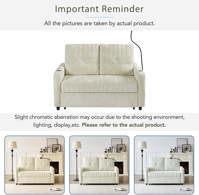 Merax Chenille 3-in-1 Pull Out Sleeper Sofa Bed Couch, 54" Convertible Futon Loveseat with Adjustable Backrest, 2 Cup Holders, Phone Stand, 3 Charging Ports and Storage Pockets for Living Room, Beige