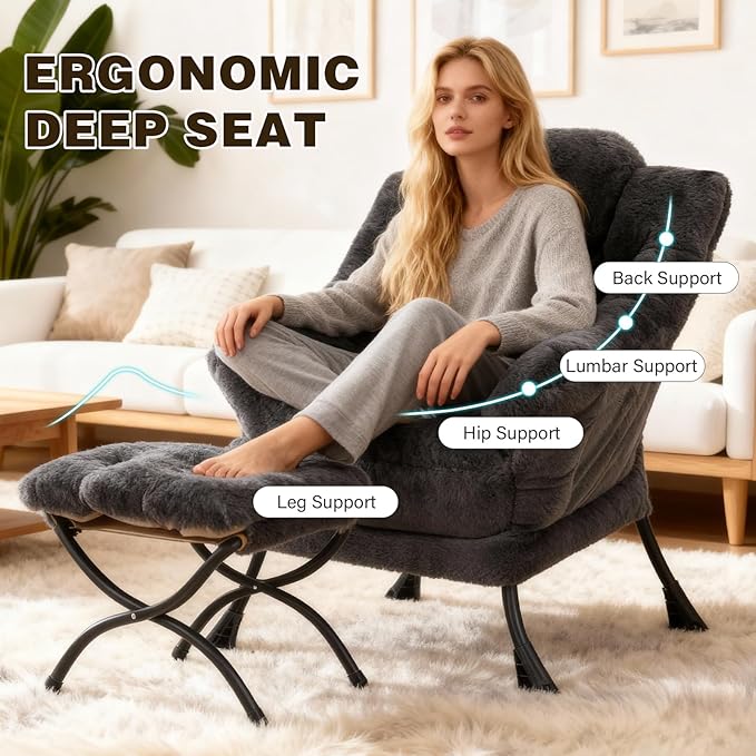Lazy Chair with Ottoman, Modern Accent Chair Lounge Leisure Sofa Chair with Armrests, Reading Chair and Folding Footstool for Living Room, Bedroom, Office, Plush Navy