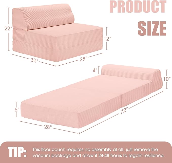 Folding Sofa Bed with Pillow, Memory Foam Fold Out Chair Bed, Convertible Sleeper Chair with Washable Cover, Futon Floor Couch for Living Room/Dorm/Guest Use/Home Office/Apartment,Pink