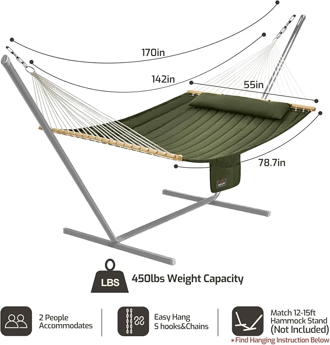 CHULIM Double Quilted Fabric Hammock with Hardwood Spreader Bars and Pillow 450 LBS Capacity 2 Person Large Hammock for Outdoor Patio Backyard Poolside - Green - Image 6