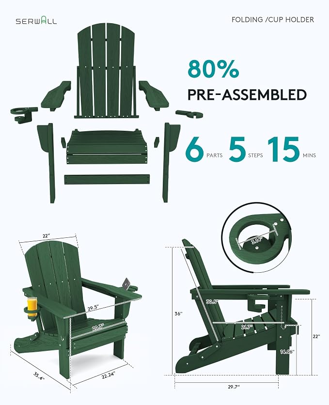 SERWALL Adirondack Chair with Cup Holders - Composite Adirondack Chairs Set of 2 HDPE Outdoor Chairs All Weather Use- Green - Image 3