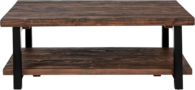 Alaterre Furniture Pomona Living Room Tables – 48 Inch Rectangular Solid Wood Coffee Table with Storage Shelf & Metal Legs – Rustic Industrial Farmhouse Large Living Room Table (Rustic Brown)