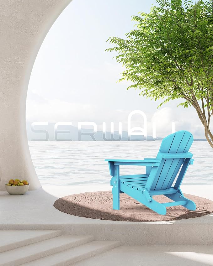 SERWALL Folding Adirondack Chair with Cup Holder Weather Resistant Patio Chair Outdoor Chairs Painted Adirondack Chairs Set of 2 - Aruba Blue - Image 2