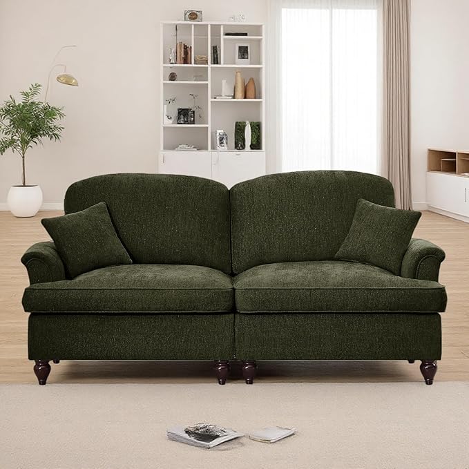 Oversized Large Two Seater Sofa, Comfy Chenille Love Seat Couch with Removable Ruffles Pleats & Large Petal-Shaped Armrests, Elegant Mid Century Convertible Sofa with Spindle Legs, Green