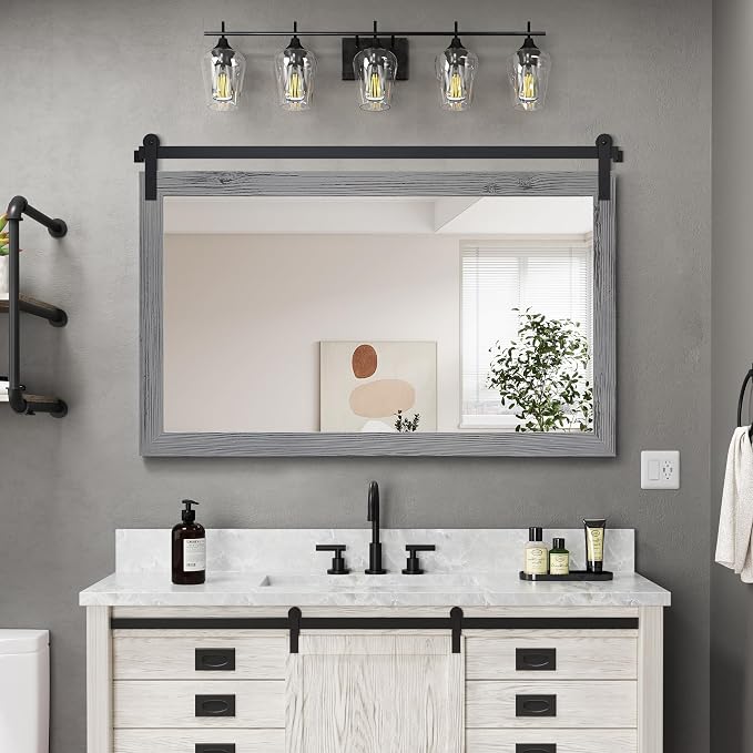 COGOOD Farmhouse Bathroom Mirror - 45 x 30 Rustic Wood Framed Wall Barn Door Mirror for Entryway, Living Room, Entryway Wall Decor (Grey) by COGOOD