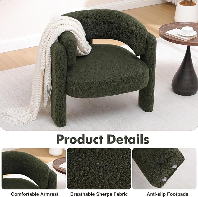 Accent Chairs Set of 2, Modern Sherpa Barrel Chairs, Upholstered Living Room Chairs with 3 Legs, Comfy Armchair Reading Side Chair for Bedroom, Office, Apartment, Green