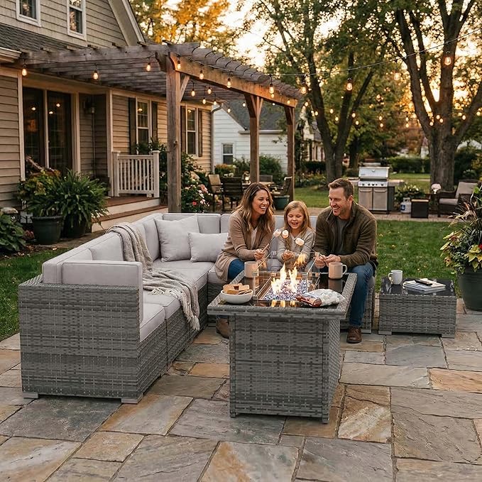10 Pieces Patio Furniture Set with 44" Propane Gas Fire Pit Table, Outdoor Sectional Wicker Conversation Sofa Sets with Coffee Table