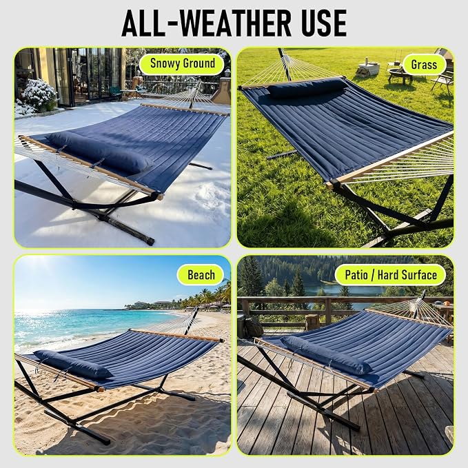 FULIYE Double Hammock with Stand for Outdoor，2 Person Heavy Duty Portable Hammock with Adjustable Steel Stand and Balance Ropes Included – for Patio, Backyard, Garden, Beach (Purplish Blue) - Image 5