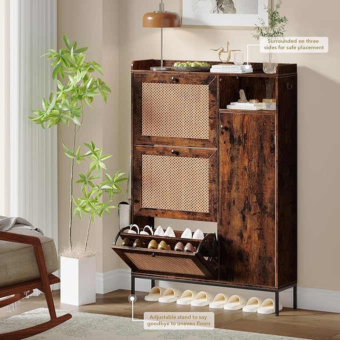 GarveeLife 3-Tier Rattan Shoe Cabinet with Flip Drawers, Adjustable Shelves and Narrow Storage Design, Perfect for Entryways, Hallways, and Bedroom Organization in Wood