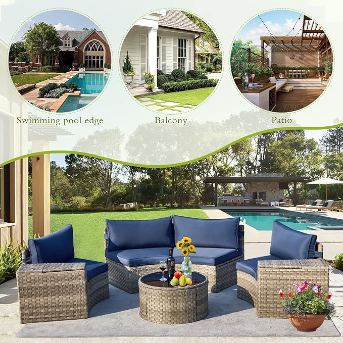 ECOTOUGE 7 Piece Outdoor Half Moon Furniture, Wicker Patio Sectional Conversation Set with 2 Storage Armrests and Circle Glass Table, Gray Rattan Curved Sofa for Garden, Balcony and Back Yard (Blue)