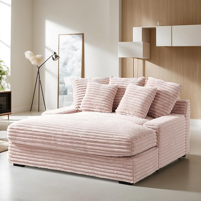 63.77" Oversized Chaise Lounge Sofa Cozy Cloud Couch, Modern Fluffy Corduroy Upholstered Sleeper Love Seat Daybed Sofabed with 5 Throw Pillows and Wide Armrest for Living Room Apartment