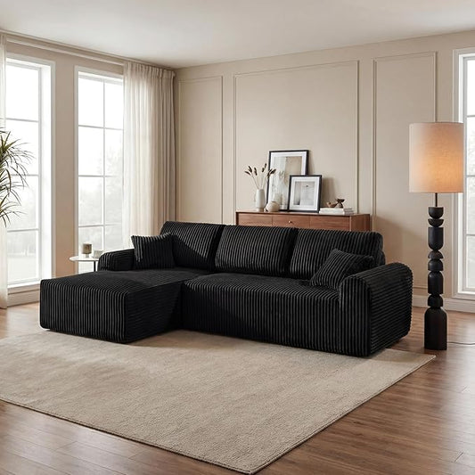 109-Inch L-Shaped Left Facing Boneless Corner Sofa 2 PCS Modular Sectional Cloud Sofa Couch with Chaise Lounge and Toss Pillow, Corduroy Boneless L-Shaped Couches