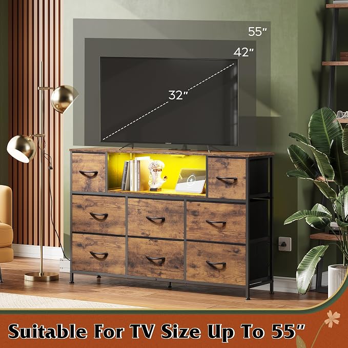 WLIVE Dresser TV Stand for 45, 50, 55 inch TV, Entertainment Center with LED Lights & Charging Station, Chest of Drawers with 8 Fabric Drawers and Open Shelves for Living Room, Hallway, Rustic Brown - Image 7