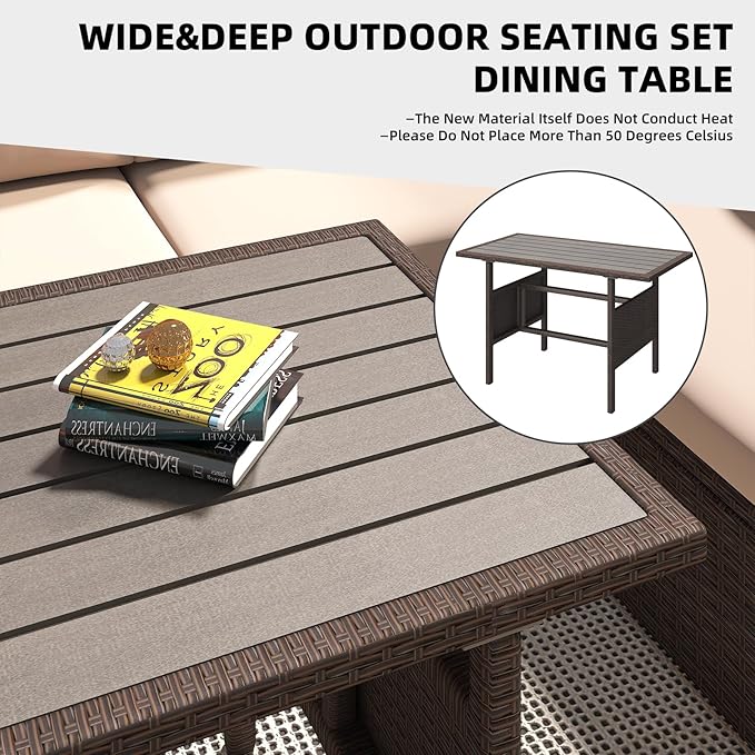 AECOJOY Outdoor Patio Furniture Set, 7 Pieces Clearance Sectional Rattan Dining Table&Chairs, All Weather Wicker Conversation Sofa Couch with Ottoman, Khaki Cushions&Brown Rattan