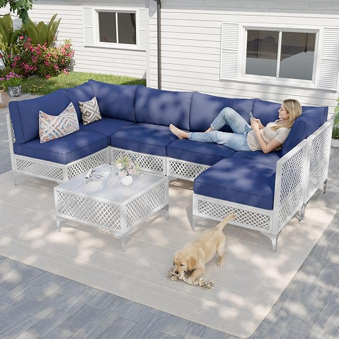 Vikiullf Patio Conversation Set, 7 Piece Outdoor Sectional Sofa Set with Coffee Table, White Wicker with Black Cushions (White and Blue, 7 piece)