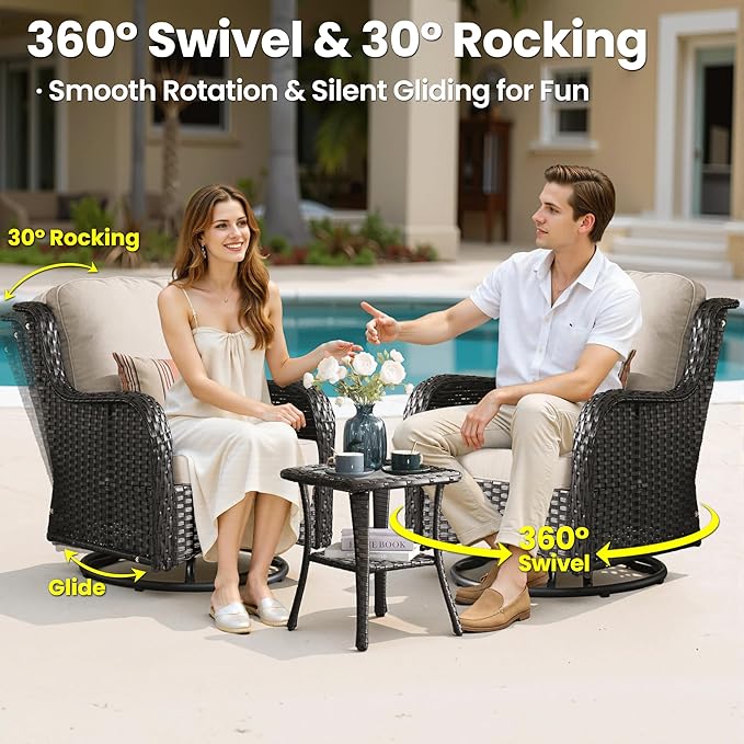 ovios 5-Piece Patio Furniture Set with Swivel Chairs Coffee Table, Outdoor Wicker Sofa with 42" Fire Pit Table, High Back Couch Modern Conversation Sets, Brown/Beige