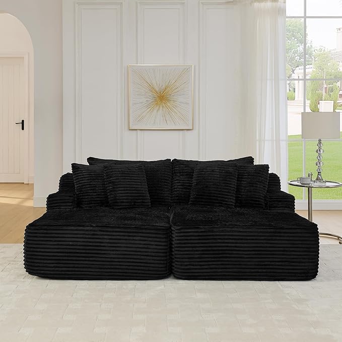 Fluffy Corduroy Double Chaise Lounge Daybed 83-Inch Oversized Loveseat Sleeper Sofa Bed,Boneless Love Seat Recliner Sleeper Couch Full Foam Floor Cloud Sofa Chaise W/6 Pillows for Living Room Bedroom