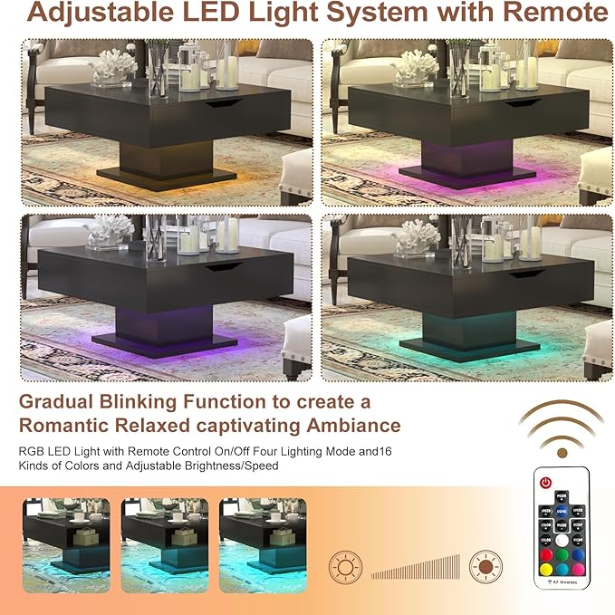 30.7" Lift Top Coffee Table with Storage, Square Black Led Coffee Table with Large Hidden Storage, Wood Living Room Table Led Center Table for Dining Reception Room