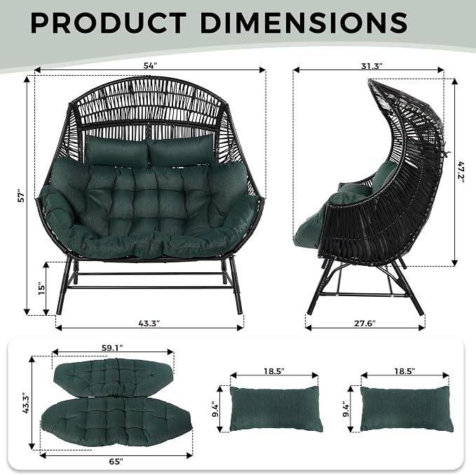 IRONCK Egg Chair Outdoor, Double Wicker Egg Lounge Chair, Upgraded Feet, Handrest and Padded Cushion, 700Lbs, Oversized Loveseat for Backyard, Patio, Living Room, Dark Green - Image 2