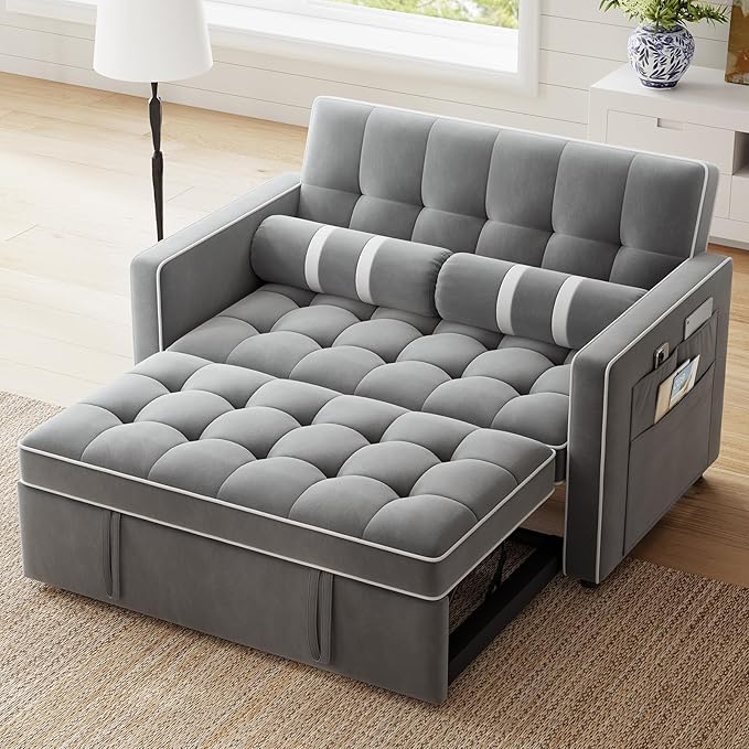 Marsail 3-in-1 Convertible Futon Sleeper Sofa Bed, Pull Out Couch with Adjustable Backrest, USB Charging & Side Pockets, Velvet Fabric Sofa for Living Room, Apartment, Loveseat, Grey