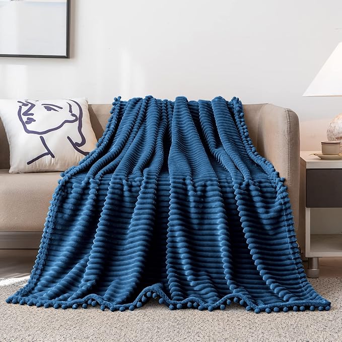 DISSA Fleece Blanket Twin Size – 60x80, Blue - Soft, Plush, Fluffy, Fuzzy, Warm, Cozy – Perfect Throw for Couch, Bed, Sofa - with Pompom Fringe - Flannel Blanket