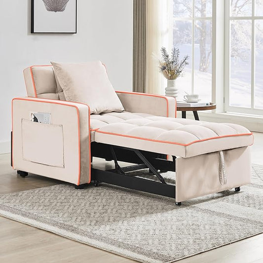 3 in 1 Convertible Sleeper Sofa Chair, 35" Pull Out Sofa Bed Recliner for Adult with Adjustable Backrest, Velvet Fabric Sleeper Couch Single Modern Chair for Living Room Bedroom, Cream White