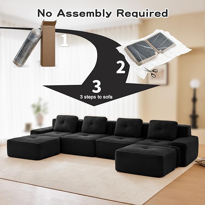 Casaphoria 150'' Boneless Sectional Sofa, Corduroy 4-Seater Cloud Couch with 4 Pillows & 2 Ottomans for Living Room, U-Shaped Deep Seat Modular Sofa for Apartment, No Assembly, Black