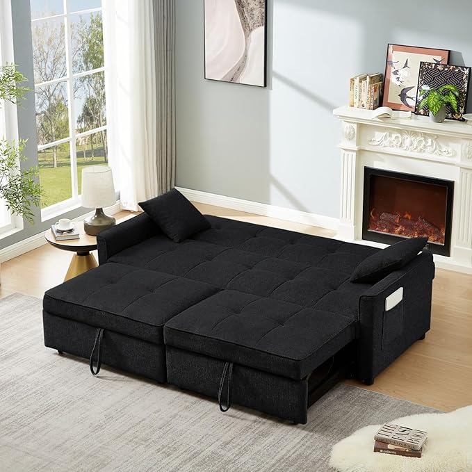 82" 3 in 1 Convertible Sleeper Sofa Bed, Modern Fabric Pull Out Couch, Loveseat Sofa with Pillows & Pockets, Futon Couch Bed Reclining Backrest for Living Room, Bedroom, Apartment, Black