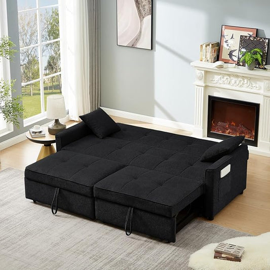 82" 3 in 1 Convertible Sleeper Sofa Bed, Modern Fabric Pull Out Couch, Loveseat Sofa with Pillows & Pockets, Futon Couch Bed Reclining Backrest for Living Room, Bedroom, Apartment, Black