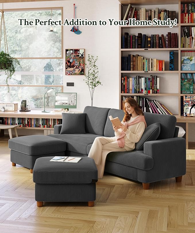 25.2" Couches for Living Room, Comfy Grey Ottoman with Storage, Foot Rest Tool-Free Setup, Small Ottoman Foot Rest for Couch, Corduroy Couch for Bedroom, Apartment, Office