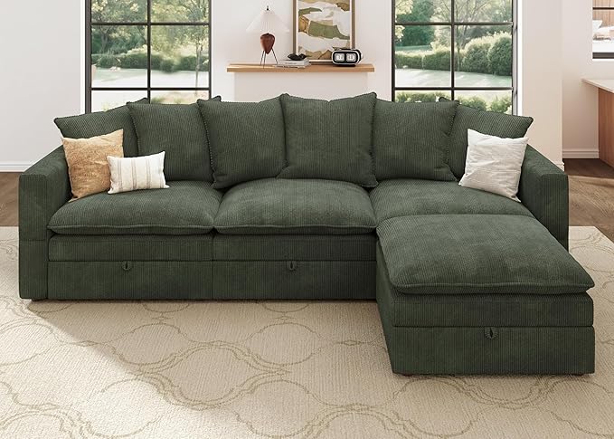 HONBAY Modular Sectional Sofa, 105.5 Inch Corduroy Sectional Couch, 4 Seaters L Shaped Sofa with Storage & Pillows for Living Room, Green