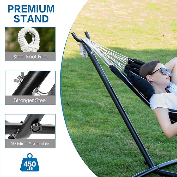 PNAEUT Double Hammocks with Stand for Outside, Portable Space Saving Heavy-Duty Steel Stand for Indoor Outdoor Patio with Carrying Bag, 450 lbs Capacity (Chasm) - Image 7
