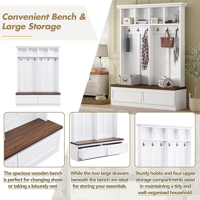 Merax Wood Hall Tree Entryway Bench with 6 Hooks, Farmhouse Mudroom Versatile Coat Racks with 2 Large Drawers Entrance Organizer for Hallway White - Image 4