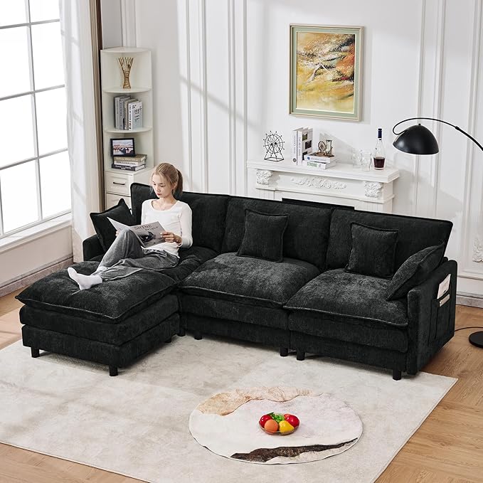 102" Modular Sectional Sofa, Premium Chenille Cloud Couch with Reversible Ottoman, L-Shaped Oversized Sofa with Side Storage Pockets for Multi-Scene Living Room & Home Office