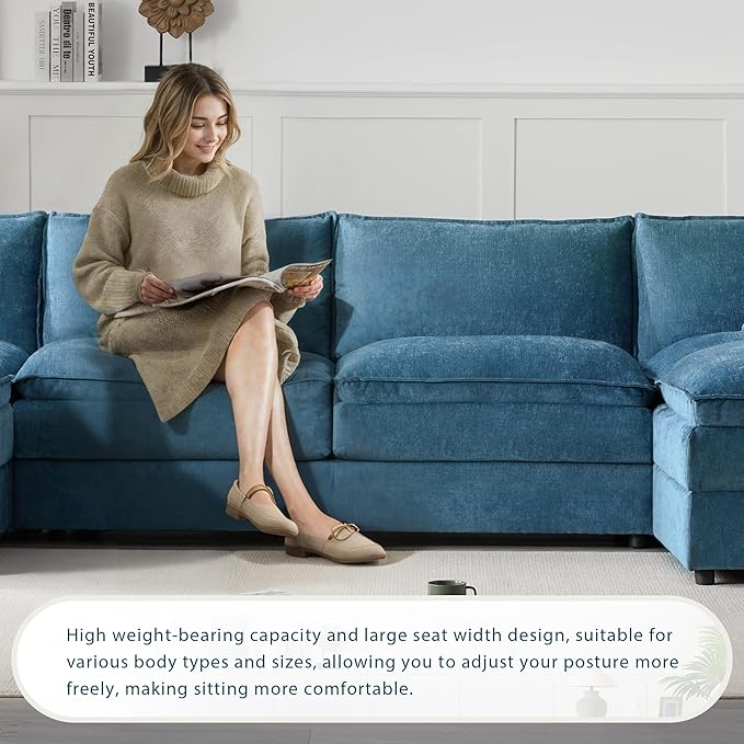 Merax 136" U-Shaped Chenille Modular Sectional Sofa, Oversized Cloud Couch Set with Double Cushions, 6-Seat with Movable Ottomans, Deep & Wide Seating, Blue