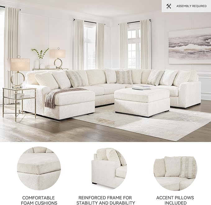 Signature Design by Ashley Chessington Modern U-Shaped Anti Sag 4-Piece Sectional with Chaise, Reversible Seat Cushions and 9 Accent Pillows, White