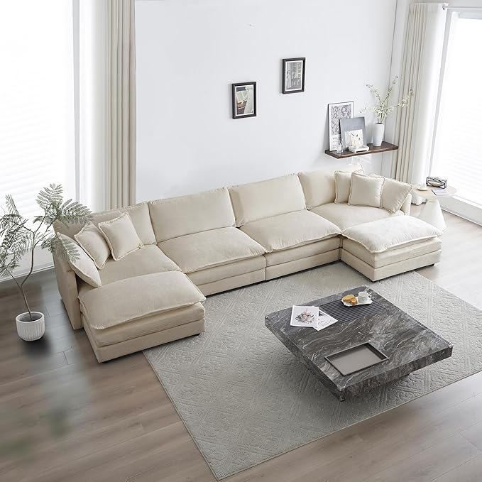 ERYE U-Shaped Oversized Sectional Sofa Modern Deep Seat Reversible Chaises Sofa&Couch with Movable Ottomans and 6 Pillows, Modular Sleeper Upholstered Couch for Living Room, Apartment, Studio, Office