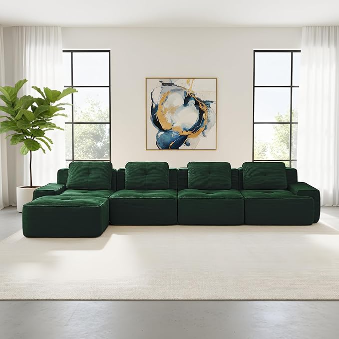 Casaphoria 150'' Corduroy Cloud Couch, 4-Seat L-Shaped Sectional Sofa with 4 Pillows & Ottoman for Living Room, Deep Seat Boneless Couch for Modern Apartment, No Assembly Required, Green