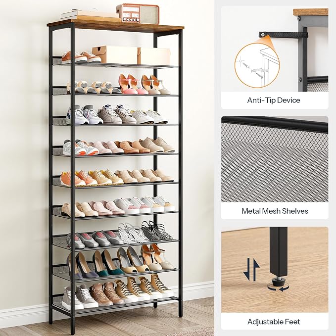 HOOBRO Shoe Rack for Entryway, 10-Tier Shoe Shelf, Large Capacity Shoe Storage Organizer for 27-30 Pairs of Shoes, Front Door Entrance, Hallway, Closet, Space Saver, Rustic Brown and Black BF110XJ01 - Image 7