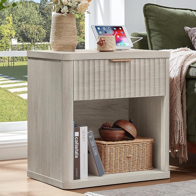 LEYAOYAO 23" Wide Fluted Night Stand with Charging Station, 1 Drawers Large End Table with Storage, LightGrey Nightstand Wood Bedside Tables, Farmhouse Cabinet Dresser for Bedroom, Closet by LEYAOYAO-Findtheshiningpointofyourideallife%EF%BC%81