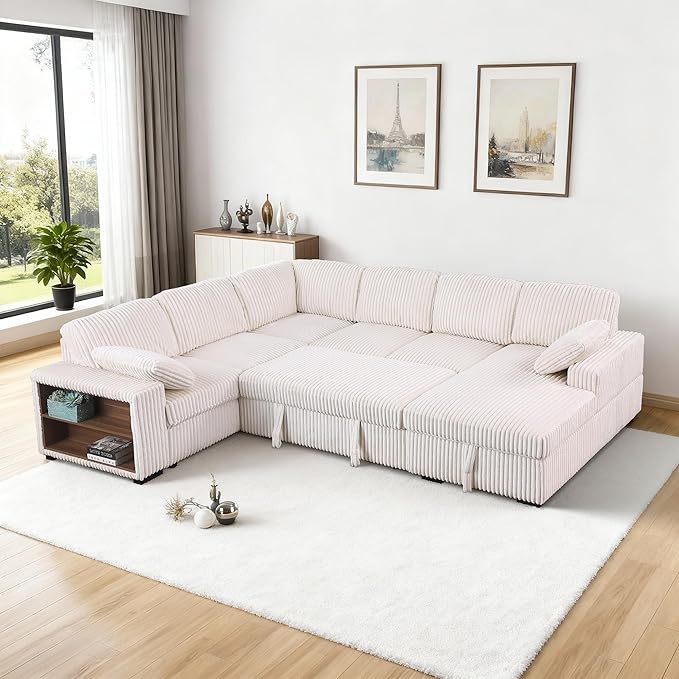 ERYE Oversized U-Shaped Pull Out Sleeper Couch Bed, Modern U Shaped Sleeper Sectional Sofa Corduroy Corner Convertible Sofa Bed with Storage Chaise Lounge and Cabinet