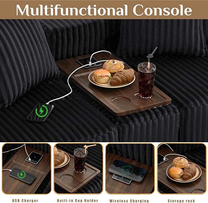 Oversized Cloud Modular Sectional Sofa Boneless Couch with Movable Ottomans,Free Combination Memory Foam Floor Couch with Charging Port & Cup Holders for Living Room | Coffee Table Board, Wireless Charge, No Assembly