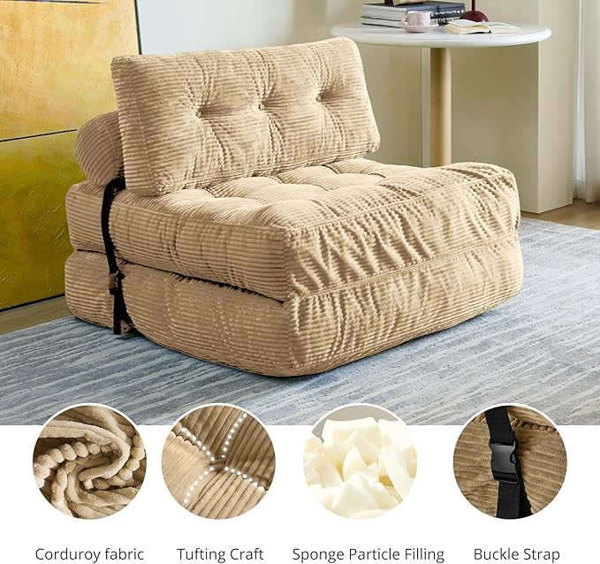 Folding Sofa Bed, Convertible Sleeper Chair with Pillow, Foldable Mattress with Back Support, Portable Floor Sofa Lounge for Living Room Bedroom Dorm