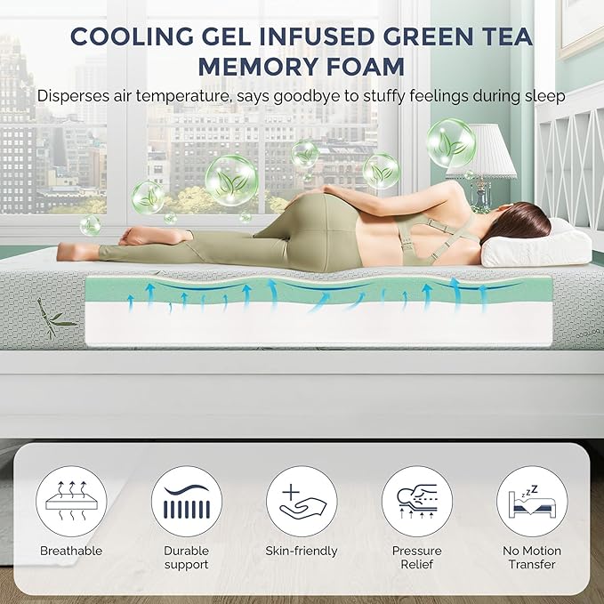 IULULU Twin Mattress, 8 Inch Green Tea Gel Memory Foam Mattress with Breathable Cover, Twin Mattress in A Box, Firm Support, CertiPUR-US Certified