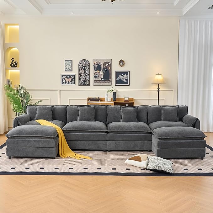 143-Inch U-Shaped Sectional Cloud Sofa Oversized Modular 6 Seaters Sofa Couch with 2 Ottoman Chaise and Pillow Armrest, Chenille Upholstered Convertible Cloud Couch