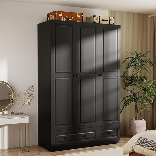 Armoire Wardrobe Closet with Drawers: 74" Black Wardrobe Close with 3 Doors, Tall Armoire with Hanging Rod, Large Wood Clothes Cabinet for Bedroom (Black, 47")