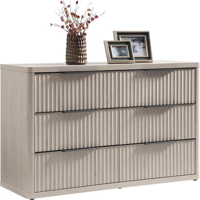 SICOTAS Dresser for Bedroom 53.5" Wide 6 Drawer Dressers & Chests of Drawers for Closet Long Large Modern TV Stand Set for Clothes Storage Fluted Clothes Closet for Hallway Entryway, White Alder by SICOTAS