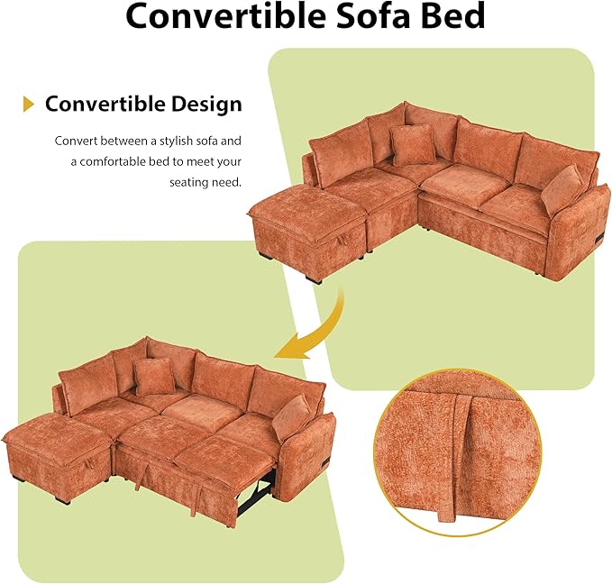 ERYE L-Shaped Corner Chenille Upholstered Sleeper Sectional Sofa Practical Convertible Sleep Sofabed W/Pull Out Sleep Couch Bed, Storage Ottoman and USB Charge Ports for Living Room