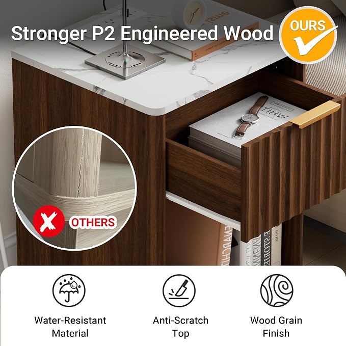 Fluted Nightstand, Night Stand Set 2, Walnut Nightstands Set of 2 with Charging Station and Faux Marble Top, Modern End Table with Drawer & Open Shelf, Bedside Table for Bedroom Living Room - Image 6
